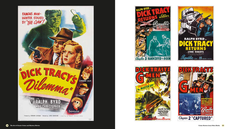 The Art of Classic Crime and Mystery Movies by Schiffer Publishing, Ltd. features five vintage posters, including a large Dick Tracy scene and four smaller prints capturing suspenseful moments from iconic crime and mystery films.