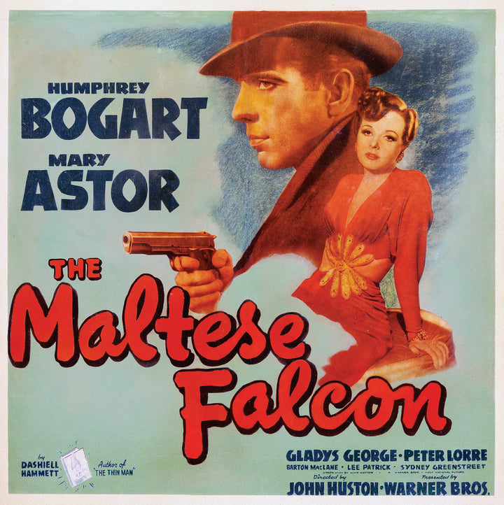 The Art of Classic Crime and Mystery Movies by Schiffer Publishing, Ltd. showcases iconic posters, such as The Maltese Falcon, with striking imagery—man in a hat, woman in red dress—and bold titles and credits in vibrant colors.