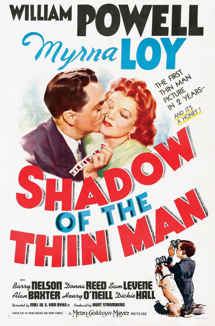 The Art of Classic Crime and Mystery Movies by Schiffer Publishing, Ltd. features a vivid Shadow of the Thin Man poster: a man kisses a smiling woman amid bold text and cast images—an iconic piece in crime and mystery film history.