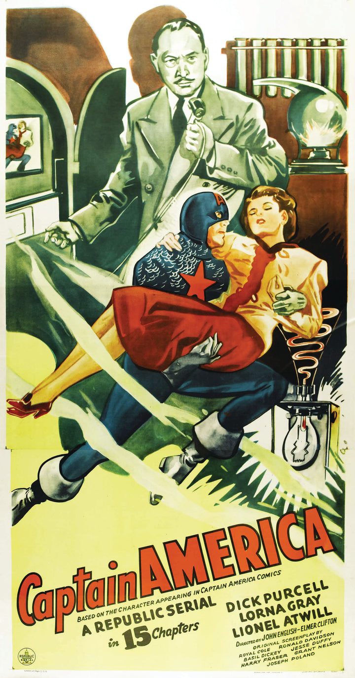 The Art of Classic Crime and Mystery Movies by Schiffer Publishing, Ltd. features a vintage Captain America poster with him saving a woman from a sinister man with a syringe, set against a greenish background and bold yellow film-style text.