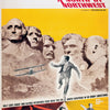 Vintage movie poster featured in "The Art of Classic Crime and Mystery Movies" by Schiffer Publishing, Ltd., showcasing North by Northwest’s dramatic scenes, Mount Rushmore, a man running from a plane, and credits for Cary Grant, Eva Marie Saint, and James Mason.
