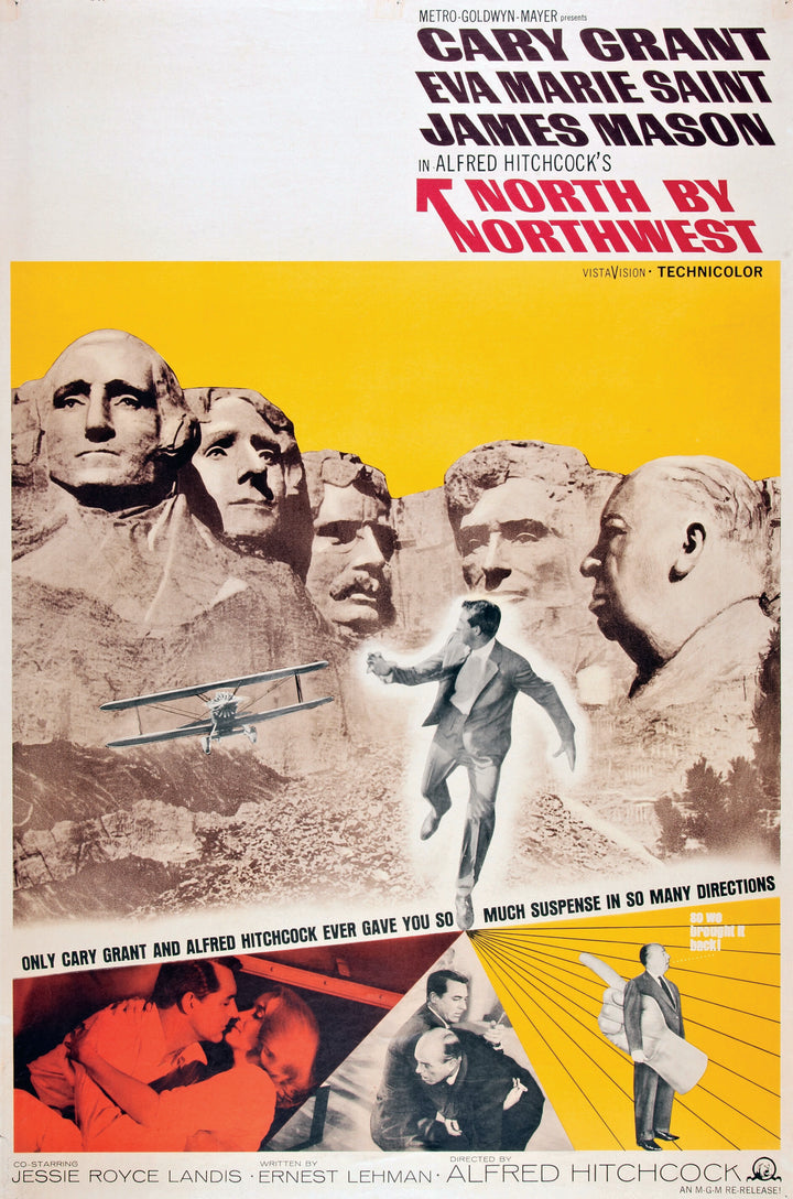 Vintage movie poster featured in "The Art of Classic Crime and Mystery Movies" by Schiffer Publishing, Ltd., showcasing North by Northwest’s dramatic scenes, Mount Rushmore, a man running from a plane, and credits for Cary Grant, Eva Marie Saint, and James Mason.