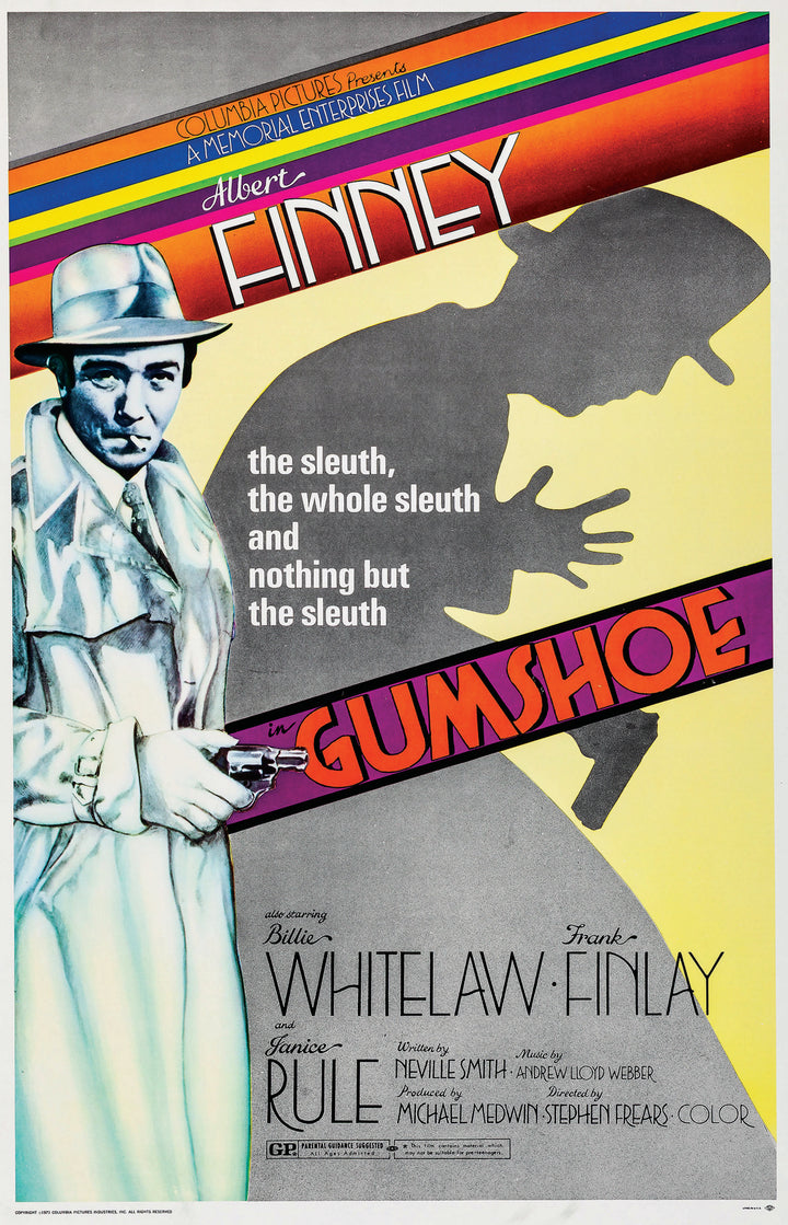 Poster for The Art of Classic Crime and Mystery Movies by Schiffer Publishing, Ltd. features a detective in trench coat and fedora with gun, his shadow behind him. Tagline: the sleuth, the whole sleuth, and nothing but the sleuth.