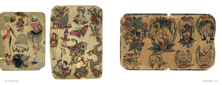 Maud Stevens Wagner by Schiffer Publishing, Ltd. features two aged sheets with vintage-style American tattoo flash—women, animals, butterfly, dragon, and traditional motifs—in faded colors on a yellowed background.