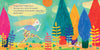 A girl with long hair and patchwork pants runs through a bright garden calling for Frisky Face the Naughty Cat. The cat, from Schifferbooks, sleeps curled up under a blue fir tree. Text appears in a yellow speech bubble.
