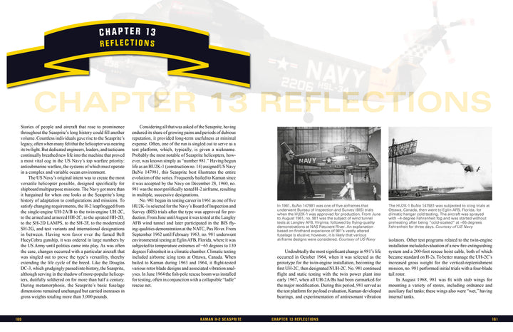 An open book spread from Schiffer Publishing, Ltd. features "Chapter 13 Reflections" in bold yellow and black, with a faded WWII Navy aircraft background, two black-and-white photos, and Kaman H-2 Seasprite military helicopter history.