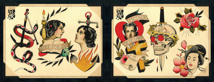 The Cut-Ups 2 by Schiffer Publishing, Ltd. features hand-painted tattoo flash art: a snake with candle, two women, heart with flames, rose with dagger, skull with crown and sword, banners, and floral details.