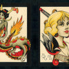 The Cut-Ups 2 by Schiffer Publishing, Ltd. features traditional tattoo-style art: left side shows a mermaid with a red tail and flowers; right side, a blonde woman with heart necklace, skull, bulldog in chains, dagger, and bold red flowers.