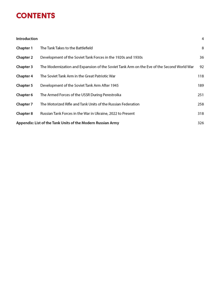 Table of contents for "Armored Forces of Russia and the Soviet Union" (Schiffer Publishing, Ltd.) listing chapters on Soviet and Russian tanks, including T-14 Armata’s development and roles, with red and black page numbers on white.