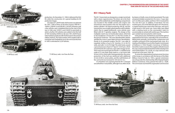 Armored Forces of Russia and the Soviet Union by Schiffer Publishing, Ltd. features black-and-white photos of Soviet tanks like the KV-1 and T-34, plus WWII text on the KV-1’s design; side and front views include shots with soldiers on roads.