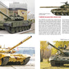 A collage from "Armored Forces of Russia and the Soviet Union" by Schiffer Publishing, Ltd. displays four T-80BVM Russian tanks in varied colors and settings, with detailed descriptions of their features and specifications.