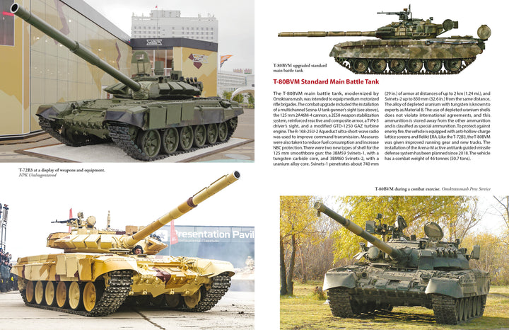 A collage from "Armored Forces of Russia and the Soviet Union" by Schiffer Publishing, Ltd. displays four T-80BVM Russian tanks in varied colors and settings, with detailed descriptions of their features and specifications.