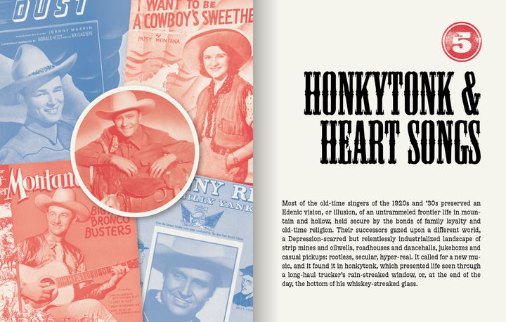 A page in Vintage Country by Schiffer Publishing, Ltd. shows vintage cowboy magazine covers on the left, country singer text on the right, and a big red 5 at the top.
