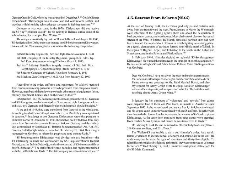 A scanned page from "Oskar Dirlewanger" by Schiffer Publishing, Ltd. covers the 1944 German retreat from Belarus, describing military actions, orders to Gottberg, and movements of Waffen-SS SS Dirlewanger Brigade led by Oskar Dirlewanger.