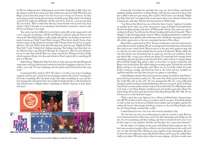 A collage of Deep Purple album covers appears at the bottom left, showcasing vibrant designs and band images. This image enhances two text-heavy pages from "Seven Decades of Deep Purple" by Schiffer Publishing, Ltd., highlighting the band's rock legacy.
