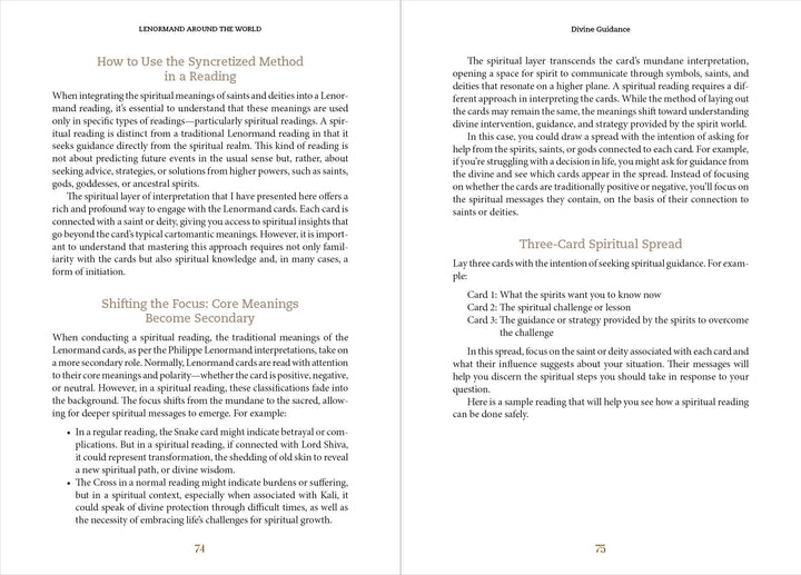 Two pages from "Lenormand Around the World" by Schiffer Publishing, Ltd. explore spiritual reading techniques, featuring Lenormand card methods, a three-card spiritual spread, clear headings, and a boxed example of card positions.