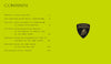 A table of contents page for Automobili Lamborghini by Schiffer Publishing, Ltd. with a yellow-green background, black text, and the Lamborghini logo. Chapters cover Lamborghini’s history to the electric era, with page numbers on the right.