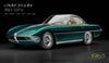 A classic green Lamborghini 350 GTV, the first Lamborghini built in 1963, is shown on a black background in "Automobili Lamborghini" by Schiffer Publishing, Ltd., highlighting its wire-spoke wheels and vintage design.