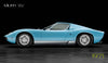 Side view of a light blue Lamborghini Miura SV (1971) sports car featured in "Automobili Lamborghini" by Schiffer Publishing, Ltd., set against a black background and showcasing the model’s legendary design. "Miura SV" and "1971" appear in the corners.