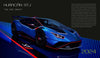 A blue Automobili Lamborghini with red accents is displayed on a futuristic platform and bold lighting. The dark backdrop and adjacent text emphasize this luxury sportscar by Schiffer Publishing, Ltd., highlighting model details and the year 2024.