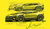 A side-view design sketch of a yellow Lamborghini Urus Performante with carbon fiber parts and handwritten notes appears in "Automobili Lamborghini" by Schiffer Publishing, Ltd.—ideal for fans of iconic luxury sportscars.