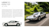 Two silver Lamborghini Urraco P250 GT models from Automobili Lamborghini (by Schiffer Publishing, Ltd.) are featured: one indoors in side view and one outdoors in front angled view, both representing classic 1970s luxury sports car design.