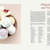 On the left, a bowl with pastel yarn balls, an orchid, and gold scissors appears. On the right, “Sweet and Simple Amigurumi Friends” by Schiffer Publishing, Ltd. displays neatly organized amigurumi supplies and crochet animal patterns.