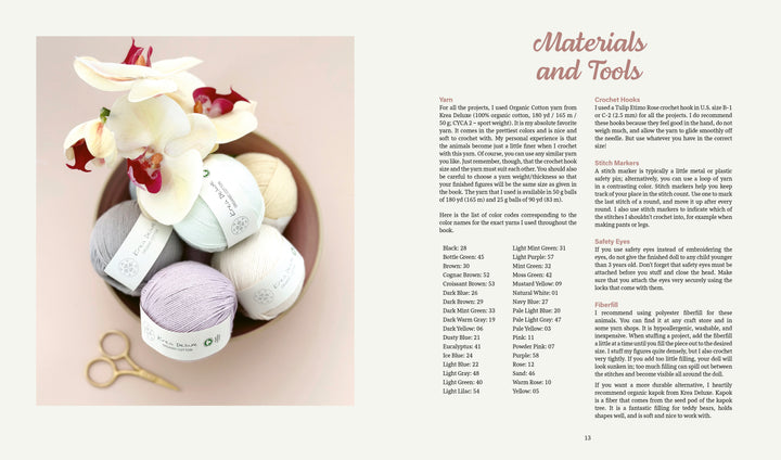 On the left, a bowl with pastel yarn balls, an orchid, and gold scissors appears. On the right, “Sweet and Simple Amigurumi Friends” by Schiffer Publishing, Ltd. displays neatly organized amigurumi supplies and crochet animal patterns.