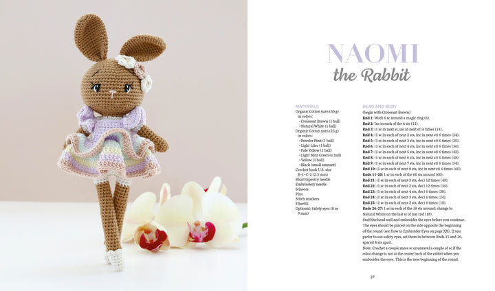 A crocheted brown amigurumi rabbit doll in a pastel dress stands by white orchids. Pattern instructions and the title “Sweet and Simple Amigurumi Friends” from Schiffer Publishing, Ltd. are shown on the right.