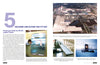 A magazine spread for the Boeing 777 by Schiffer Publishing, Ltd. features text on building the wide-body jet and five images: a Boeing facility aerial, 777 exit door, assembly line, slide evacuation test, and engine water test.