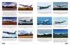 A collage of twelve commercial airplanes, including the Boeing 777 from Schiffer Publishing, Ltd., shown in flight or taxiing. Captions provide aircraft details and credits. Blue skies and airport runways are featured in the background.