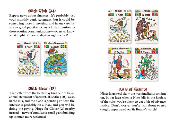 The Marginal Lenormand by Schiffer Publishing, Ltd. features illustrated fortune-telling cards with medieval animal characters, offering insights on finances, annual statements, and the meaning of the heart suit’s number nine.