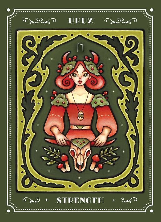 The Weird Weavings Runic Oracle by Schiffer Publishing, Ltd. features a tarot card labeled URUZ and STRENGTH, showing a red-haired woman with antlers channeling Elder Futhark runes among plants and mushrooms in an ornate green and gold frame.
