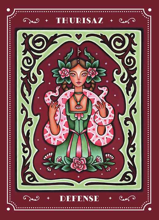 A stylized woman in green and pink holds a patterned snake amid flowers and Elder Futhark-inspired designs. The card from Weird Weavings Runic Oracle by Schiffer Publishing, Ltd. reads "THURISAZ" on top and "DEFENSE" below, bordered in burgundy and green.
