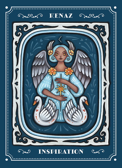 The Weird Weavings Runic Oracle by Schiffer Publishing, Ltd. features the KENAZ INSPIRATION card, depicting a winged, horned angelic figure holding a glowing rune above two swans on a blue background with ornate borders.