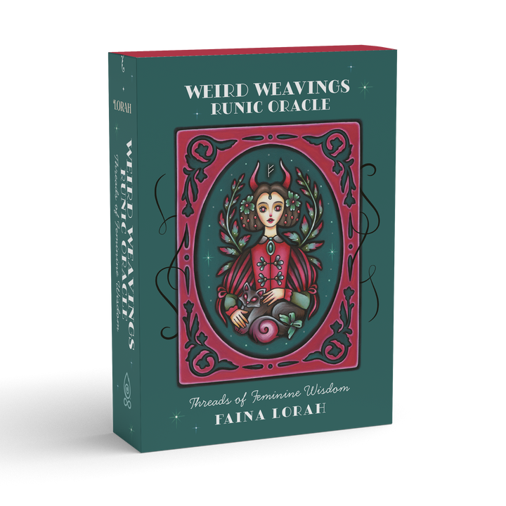 A teal and pink box for Weird Weavings Runic Oracle by Schiffer Publishing, Ltd. features an illustrated woman with leafy hair on a pink Elder Futhark background. Subtext: "Threads of Feminine Wisdom inspired by Norse goddesses.