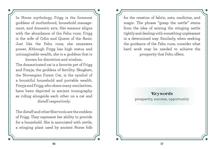 Two pages from Schiffer Publishing’s Weird Weavings Runic Oracle: one spotlights Frigg among Norse goddesses; the other unpacks Fehu’s Elder Futhark symbolism and offers keywords for runic oracle readers.