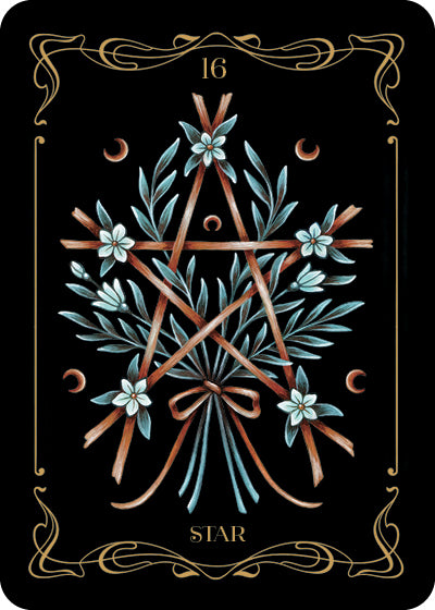Card 16 from Schiffer Publishing, Ltd.’s Nocturnal Garden Lenormand shows a wooden star with green leaves and white flowers on black, gold borders, crescent moons, and "STAR" below—ideal for moon journaling or tarot practice.
