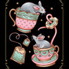Two gray mice sit in teacups with a teabag, flower, and a heart-shaped pink ribbon. Gold stars and "23" adorn the black background—ideal for Moon Journaling or divination with the Nocturnal Garden Lenormand by Schiffer Publishing, Ltd.