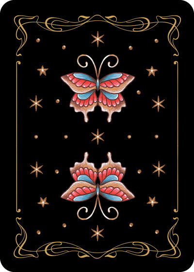 The Nocturnal Garden Lenormand card back by Schiffer Publishing, Ltd. features two vibrant butterflies on black, framed by gold stars and ornate borders—an elegant choice for moon journaling or your divination deck.