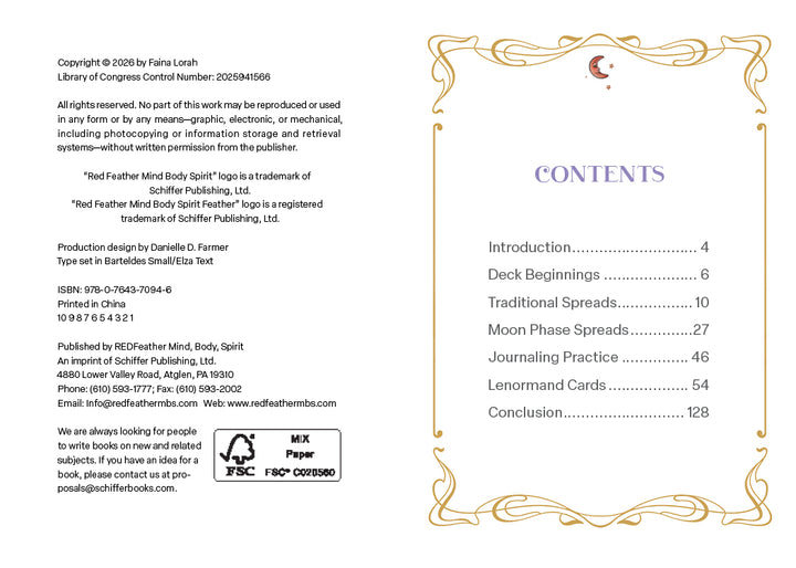 Two-page book spread. Left: copyright, credits, ISBN, publisher information for Schiffer Publishing, Ltd., and an invitation to connect online. Right: Table of contents with chapter titles and page numbers, framed by gold decorative borders and topped with a crescent moon—a delicate tribute to the nocturnal elegance of the Nocturnal Garden Lenormand deck and the mystical art of moon journaling.