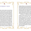 Two adjacent pages from a book. The left page, titled Introduction, features text about the Nocturnal Garden Lenormand deck by Schiffer Publishing, Ltd., describing the deck and its uses such as moon journaling. The right page continues the explanation with ornate gold borders and decorative corners.