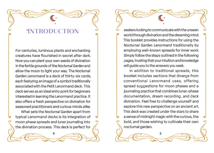 Two adjacent pages from a book. The left page, titled Introduction, features text about the Nocturnal Garden Lenormand deck by Schiffer Publishing, Ltd., describing the deck and its uses such as moon journaling. The right page continues the explanation with ornate gold borders and decorative corners.
