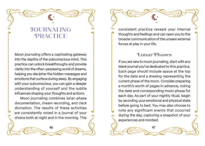 Two decorative journal pages—each with ornate borders and a crescent moon motif—designed to accompany the Nocturnal Garden Lenormand deck by Schiffer Publishing, Ltd. The left page explores the benefits of moon journaling, offering insights inspired by the Nocturnal Garden Lenormand, while the right page provides guidance for tracking lunar phases to support personal reflection.