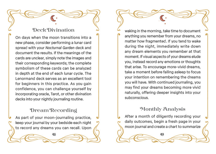 Two pages from a book with ornate borders are displayed. On the left, page 48 explores deck divination and dream recording, referencing the Nocturnal Garden Lenormand by Schiffer Publishing, Ltd. for deepened nightly insights. The right page, numbered 49, offers practical tips for dream journaling and monthly analysis, seamlessly combining moon journaling guidance with interpretations using the Nocturnal Garden Lenormand deck. Both pages feature their respective numbers at the bottom.
