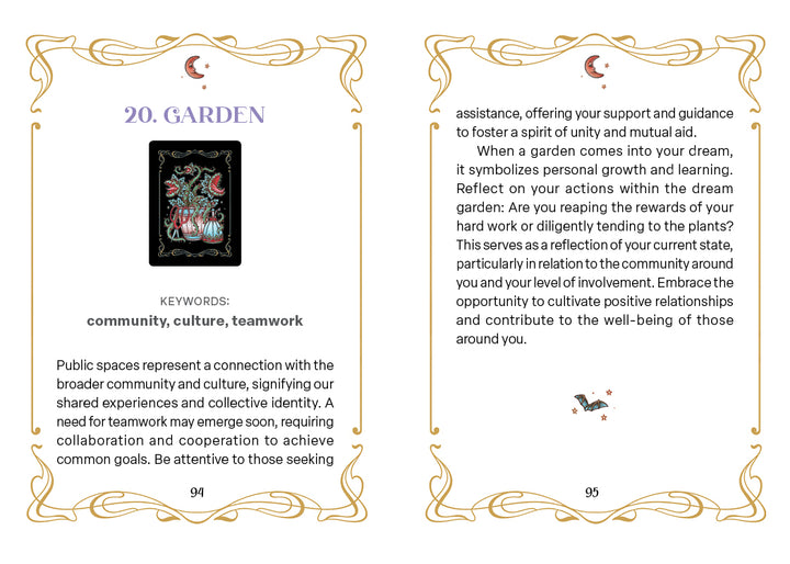 Two decorative pages from Schiffer Publishing, Ltd.’s Nocturnal Garden Lenormand guidebook showcase the Garden card. One page presents an illustration of a gathering in a vibrant garden, while the other provides insights on themes such as teamwork and community.