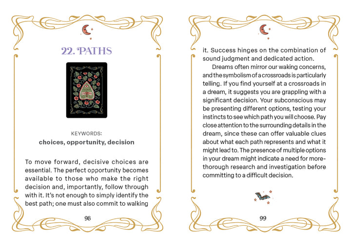 Two pages from a book explore the symbolism of paths and crossroads in dreams. The left page highlights a card image from the Nocturnal Garden Lenormand by Schiffer Publishing, Ltd., accompanied by relevant keywords. On the right page, a detailed explanation and interpretation of this symbolism is provided, making it an ideal resource for moon journaling and personal reflection.