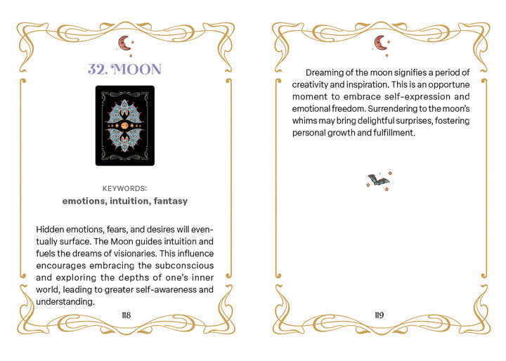 Discover the Moon card from the Nocturnal Garden Lenormand by Schiffer Publishing, Ltd.—an ornate tarot card design inspired by mystical nocturnal gardens. The included text explains the Moon as a symbol of emotions, intuition, and fantasy, encouraging self-expression, emotional freedom, and embracing your subconscious for personal growth. This card is perfect for anyone exploring moon journaling or looking to deepen their connection with a Lenormand deck.