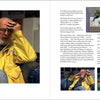 A bearded man in a yellow jacket sits on a blue couch, hand on forehead, holding glasses. Opposite, text and photos from Edward Gorey interviews highlight his unique documentary session in "Memento Gorey" by Schiffer Publishing, Ltd.