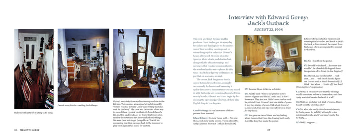 A magazine spread in "Memento Gorey" (Schiffer Publishing, Ltd.) displays rare photos of Edward Gorey’s unique home on the left and shows Gorey at his table on the right, next to an interview text titled “Jack’s Outback.”.